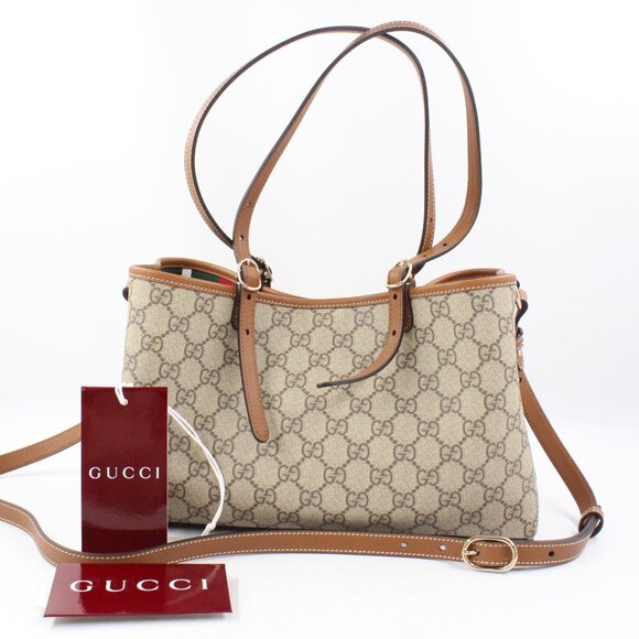 NWD Gucci GG Emblem Small Tote Bag in Beige & Dark Brown with Removable Straps - Picture 1 of 13